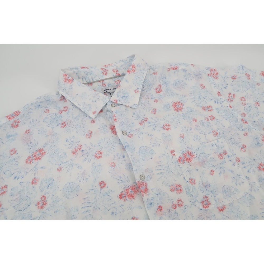 Peter‎ Millar Palm Haven Linen Sport Shirt Mens XXL Blue Floral Short Sleeve 2XL